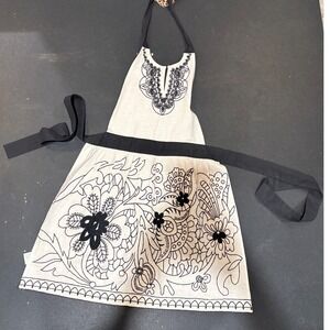 Anthropologie Embroidered Halter Apron Cream Black Floral Cotton Kitchen RN66170